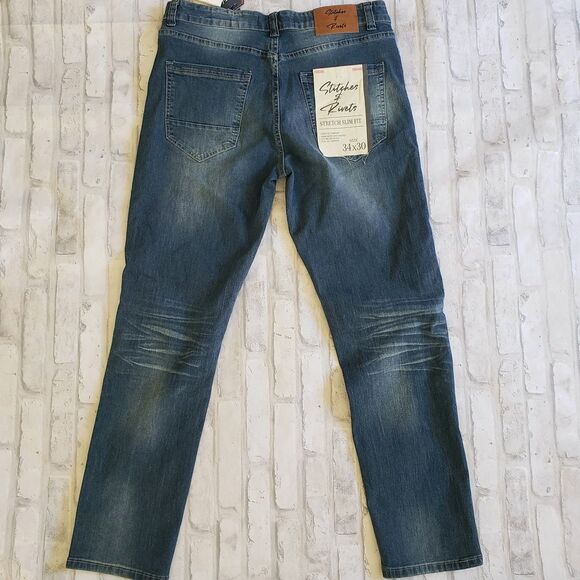 Blue Slim Straight Jeans with Vintage Wash - Picture 4 of 6